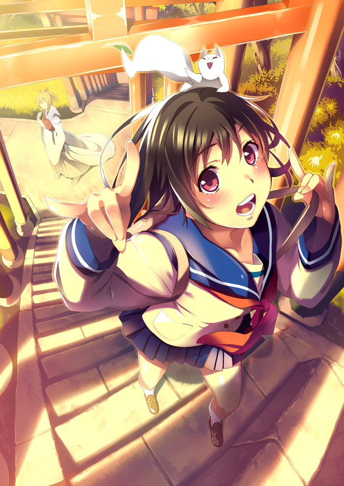 2girls, :d, \m/, bag, black_hair, blonde_hair, closed_eyes, double_\m/, fox, from_above, fushimi_inari, hair_ribbon, inari_konkon_koi_iroha., kon_(inakon), long_hair, looking_at_viewer, multiple_girls, open_mouth, pleated_skirt, ponytail, red_eyes, ribbon, school_bag, school_uniform, serafuku, shoken_narai, skirt, smile, stairs, torii, uka-no-mitama-no-kami_(inakon), wind