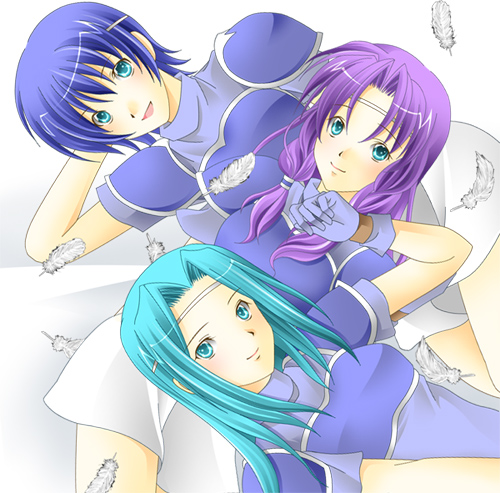 aqua_eyes, aqua_hair, armor, blue_eyes, blue_hair, circlet, farina, feathers