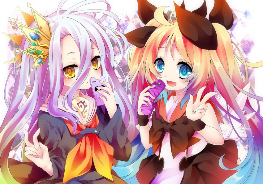 2girls, blonde_hair, blue_eyes, cellphone, crossover, gradient_hair, greed_packet_unlimited, hair_between_eyes