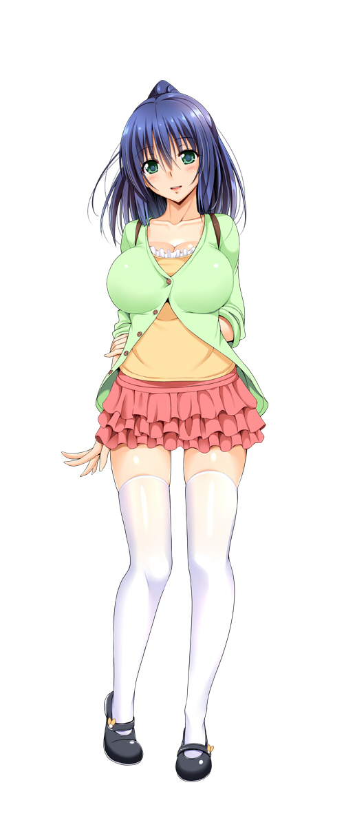 1girl, blue_hair, breasts, cleavage, fct, full_body, green_eyes, highres