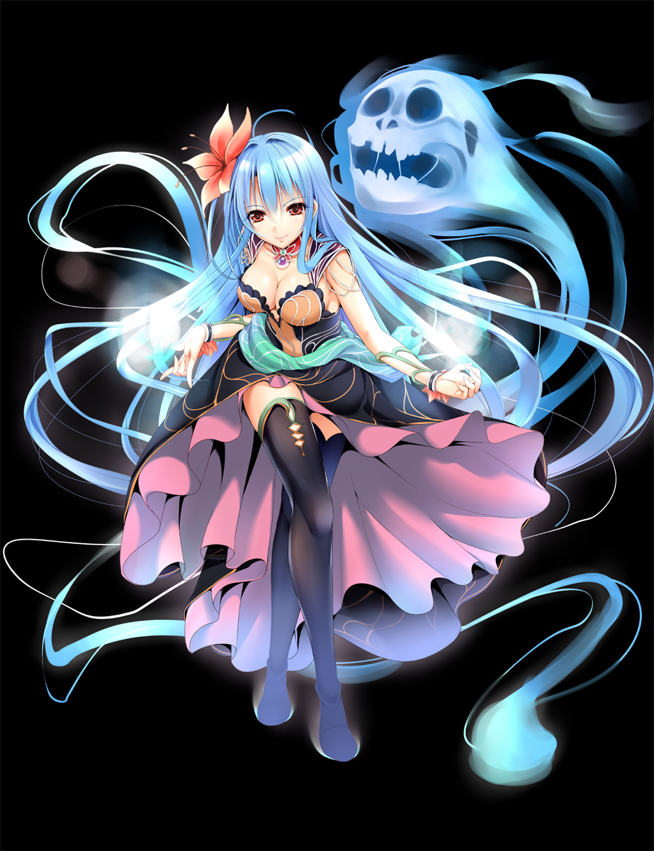 1girl, black_background, black_legwear, blue_hair, clouds, cloudy_sky, fct, flower