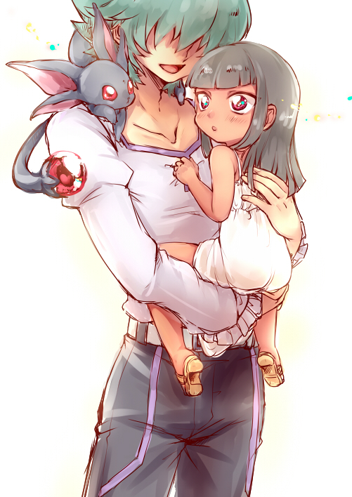 1boy, 1girl, black, black_hair, carrying, collarbone, crystal_beast_ruby_carbuncle, faceless