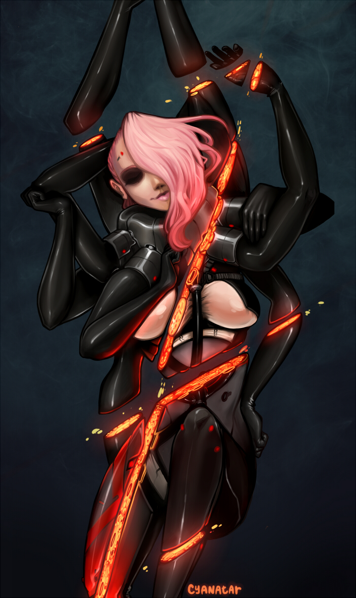 1girl, asymmetrical_hair, bodysuit, breasts, closed_eyes, cuts, cyborg, dark_skin