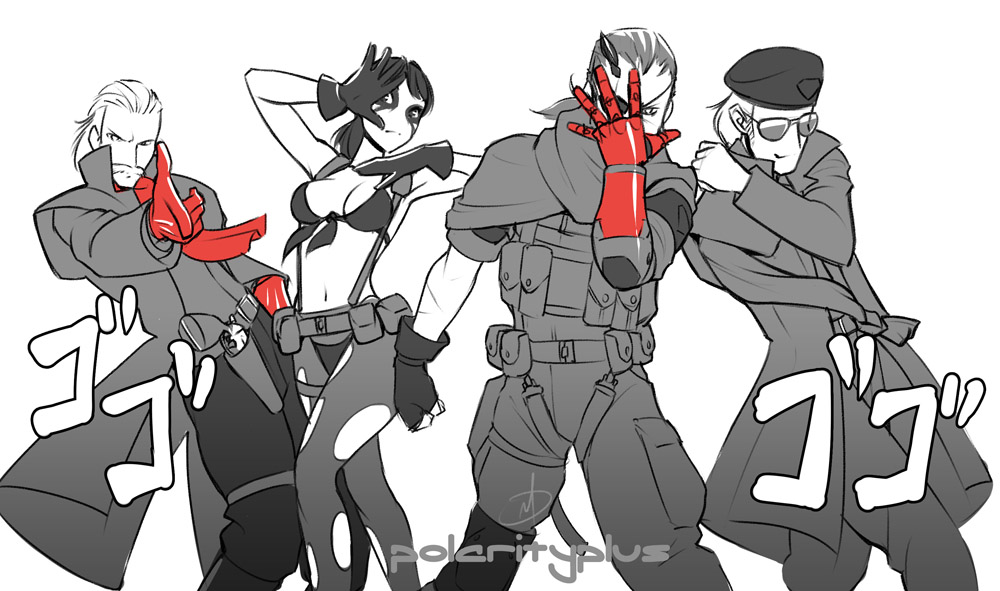 1girl, 3boys, beret, big_boss, bikini_top, breasts, cyborg, daniel_macgregor