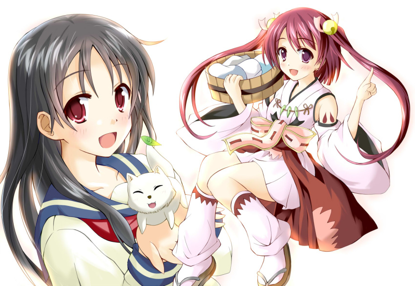 2girls, :d, bell, black_hair, detached_sleeves, fox, fushimi_inari, hair_bell