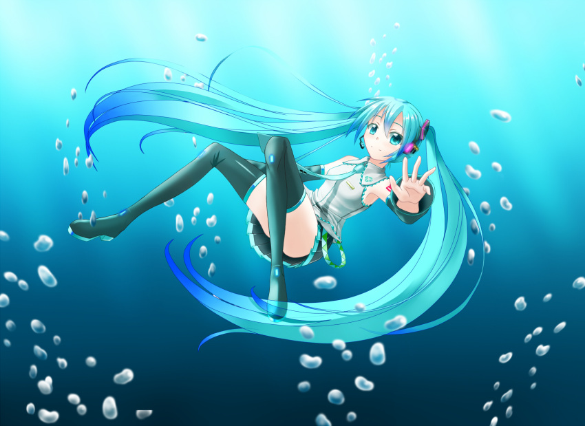 1girl, absurdly_long_hair, armpits, bare_shoulders, blue_eyes, blue_hair, boots, bubble, convenient_leg, detached_sleeves, frilled_shirt_collar, hatsune_miku, headset, highres, legs, long_hair, miniskirt, necktie, noronosuke, pleated_skirt, skirt, sleeveless, sleeveless_shirt, smile, solo, thigh-highs, thigh_boots, twintails, underwater, very_long_hair, vocaloid