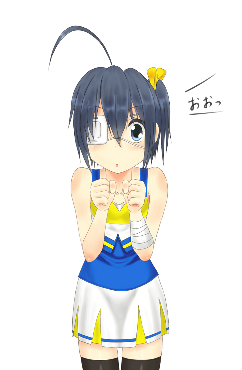 1girl, :o, ahoge, bandaged_arm, black_hair, black_legwear, blue_eyes, blush