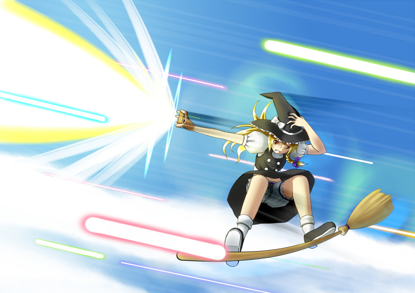 1girl, blonde_hair, bloomers, blouse, bobby_socks, braid, broom, broom_surfing, danmaku, dress, grin, hat, holding, holding_hat, kirisame_marisa, laser_beam, long_hair, master_spark, mini-hakkero, navel, noronosuke, puffy_short_sleeves, puffy_sleeves, short_sleeves, single_braid, skirt, skirt_set, smile, socks, solo, touhou, underwear, upskirt, vest, witch_hat, yellow_eyes