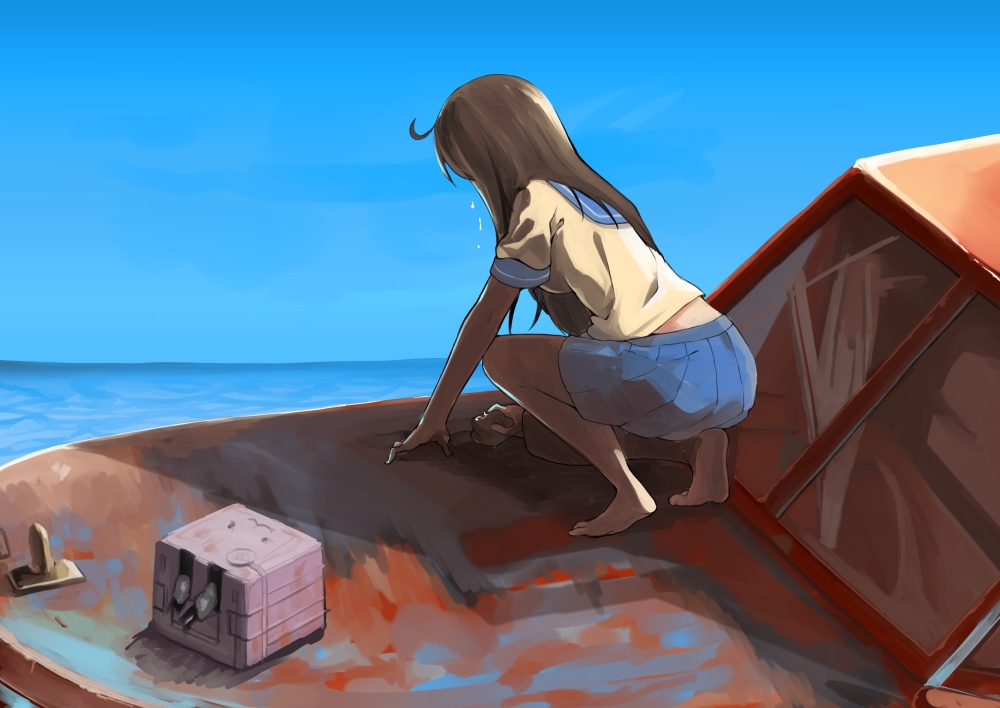 1girl, :3, ahoge, black_hair, body_mahattaya_ginga, crying, kantai_collection, long_hair, ocean, parody, pleated_skirt, school_uniform, serafuku, shawshank_redemption, skirt, sky, solo, ushio_(kantai_collection)