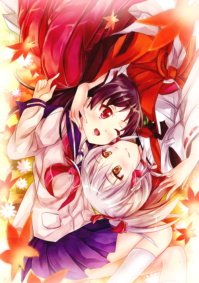 2girls, blue_skirt, blush, brown_hair, flower, friends, fushimi_inari, hair_ribbon