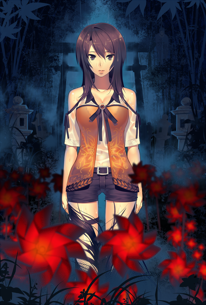 1girl, blurry, breasts, brown_eyes, brown_hair, casual, cleavage, depth_of_field