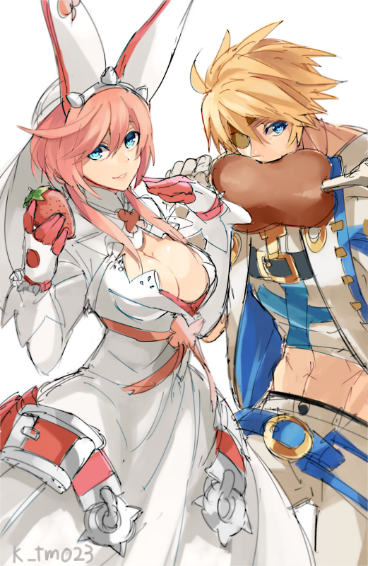 beltskirt, blue_eyes, boned_meat, breasts, cleavage, dress, elphelt, eyepatch, food, fruit, guilty_gear, guilty_gear_xrd, meat, navel, pink_hair, short_hair, sin_kiske, strawberry, tomo_(tomorag7)