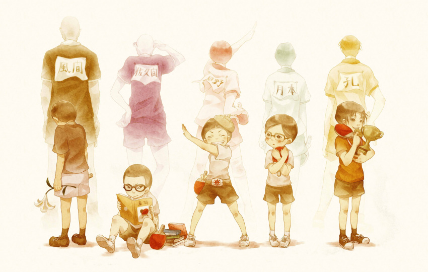 6+boys, age_comparison, bald, black_hair, book, dossei, flower, glasses