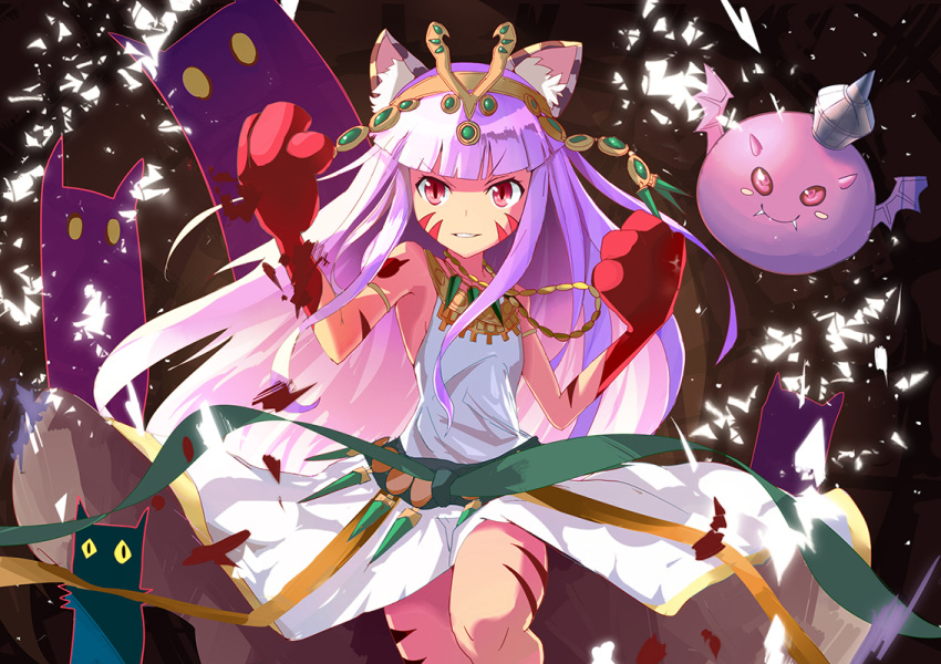 1girl, animal_ears, armlet, baddie_(p&amp;d), bangs, bare_shoulders, bastet_(p&amp;d), blunt_bangs, cat, cat_ears, creature, dress, egyptian, facial_mark, headpiece, jewelry, long_hair, necklace, paws, purple_hair, puzzle_&amp;_dragons, red_eyes, solo, tan, unochi, very_long_hair, white_dress