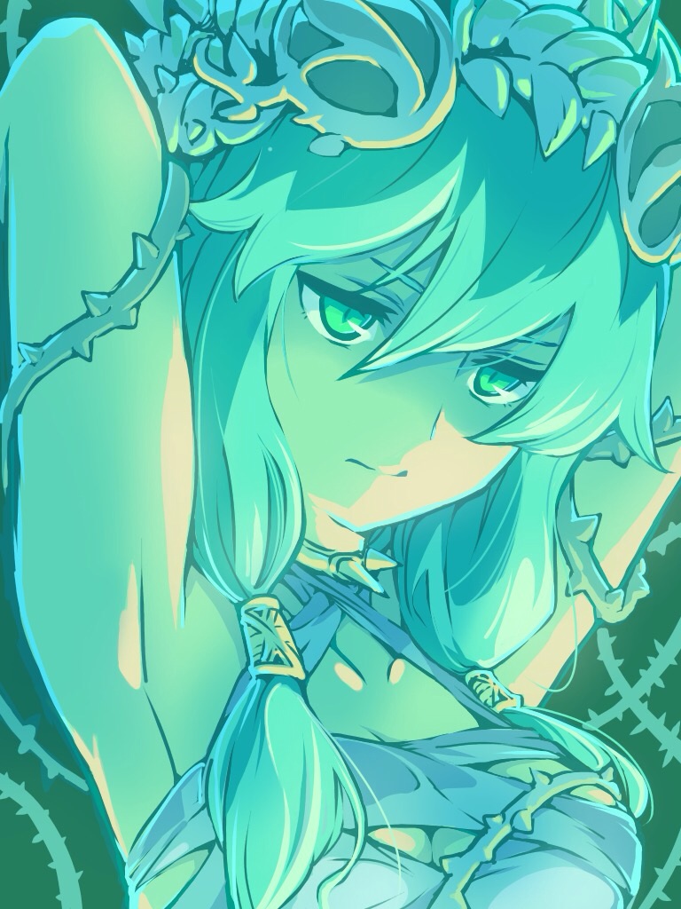 1girl, armpits, arms_up, breasts, bust, ceres_(p&amp;d), choker, cleavage, collarbone, green_background, green_eyes, green_hair, hair_tubes, ishiyumi, long_hair, puzzle_&amp;_dragons, solo, spikes, teal, thorns, tiara, vines