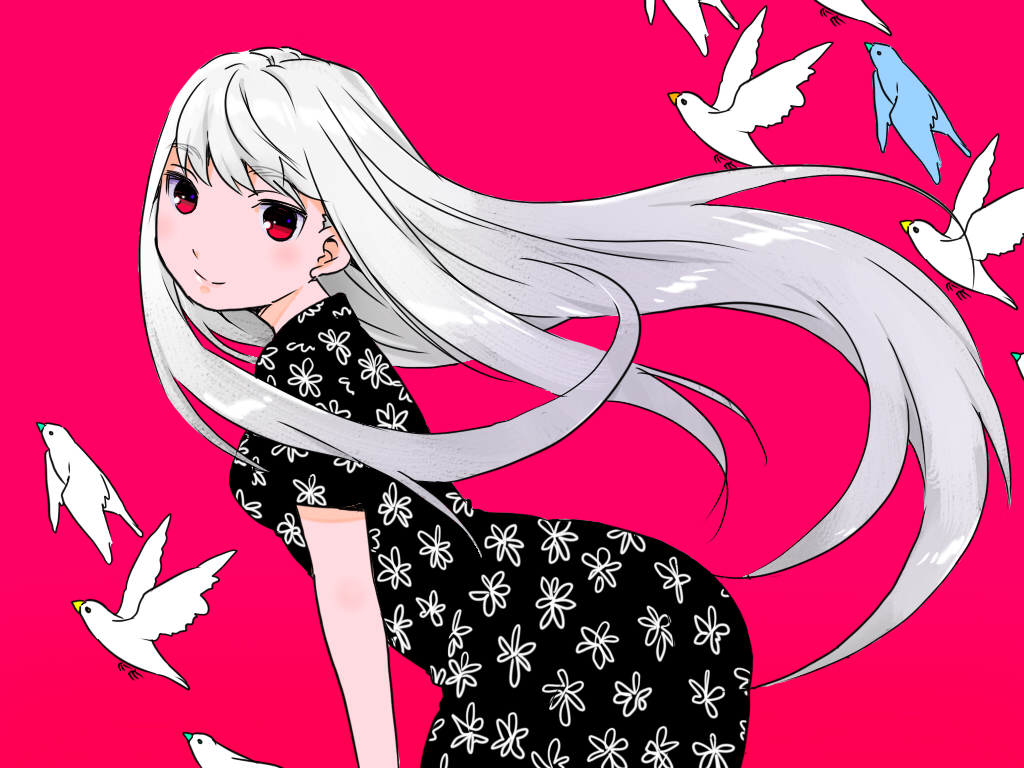 1girl, bird, bird_type_girl_system, dress, kari_(kakko_k), long_hair, original, red_eyes, smile, very_long_hair, white_hair, white_java_sparrow
