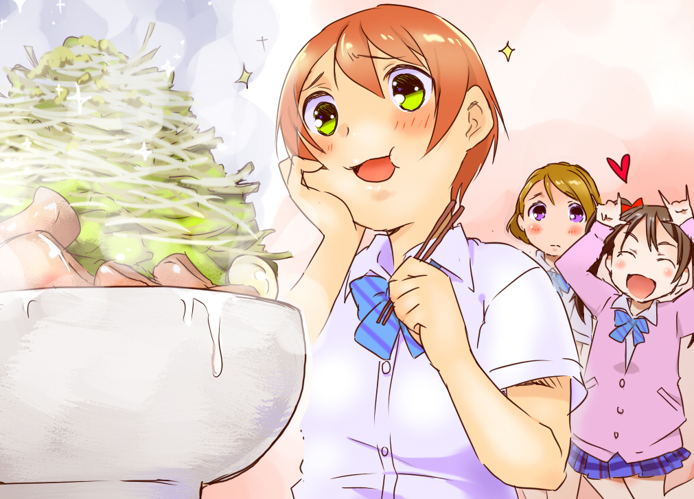 3girls, black_hair, brown_hair, chopsticks, closed_eyes, food, green_eyes, hand_on_own_cheek