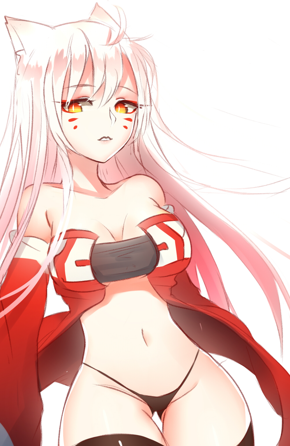 1girl, ahri, alternate_costume, alternate_hair_color, animal_ears, arms_at_sides, bare_shoulders, black_legwear, breasts, detached_sleeves, fox_ears, fox_girl, fox_tail, highleg, highleg_panties, highres, large_breasts, league_of_legends, lipstick, long_hair, looking_at_viewer, makeup, mascara, midriff, navel, off_shoulder, orange_hair, panties, parted_lips, red_clothes, slit_pupils, ss0l_(skghek), tail, thigh-highs, thigh_gap, traditional_media, underwear, white_hair
