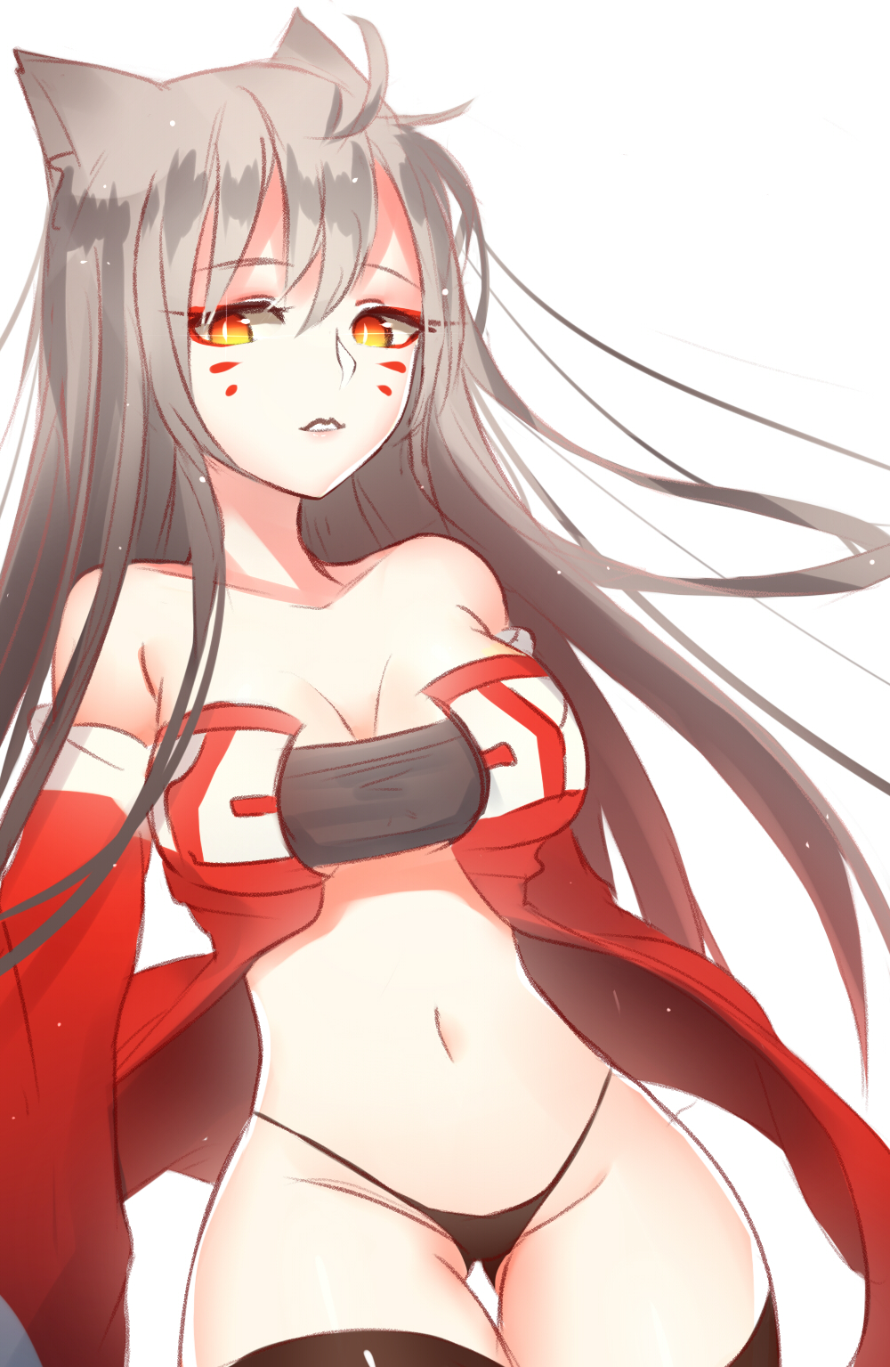 1girl, ahri, alternate_costume, animal_ears, arms_at_sides, bare_shoulders, black_hair, black_legwear, breasts, detached_sleeves, fox_ears, fox_girl, fox_tail, highleg, highleg_panties, highres, large_breasts, league_of_legends, lipstick, long_hair, looking_at_viewer, makeup, mascara, midriff, navel, off_shoulder, orange_hair, panties, parted_lips, red_clothes, slit_pupils, ss0l_(skghek), tail, thigh-highs, thigh_gap, traditional_media, underwear