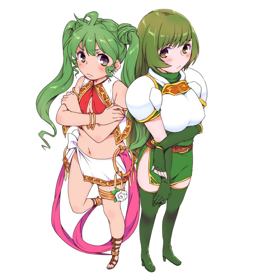 2girls, ahoge, anklet, armor, blush, boots, dancer, earrings