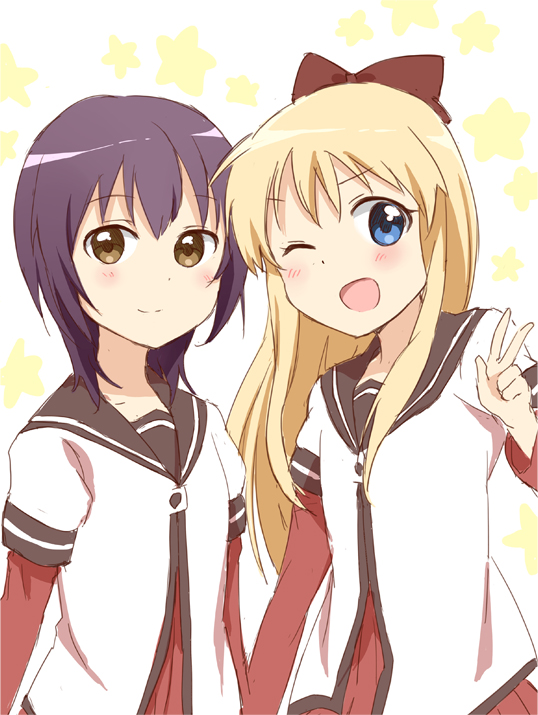 2girls, :d, blonde_hair, blue_eyes, blush, brown_eyes, bust, funami_yui