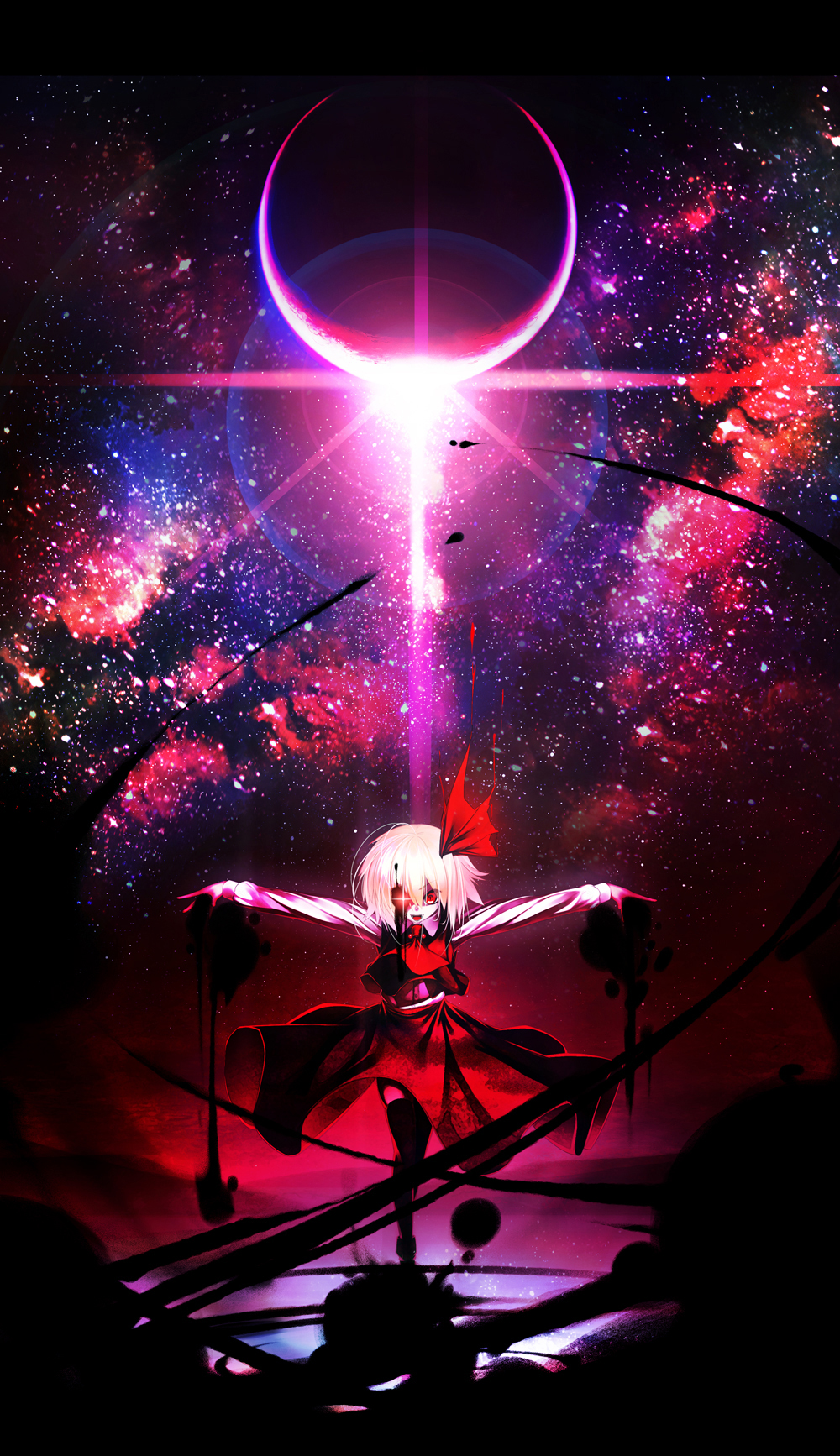 1girl, ascot, blonde_hair, darkness, eclipse, glowing, glowing_eye, hair_ribbon, highres, looking_at_viewer, night, open_mouth, outstretched_arms, red_eyes, revision, ribbon, rukitsura, rumia, shirt, skirt, skirt_set, sky, smile, solo, star_(sky), starry_sky, touhou, vest