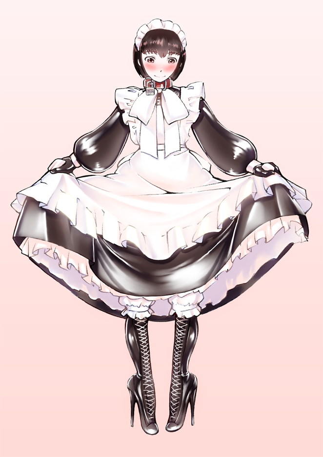 1girl, apron, blush, brown_eyes, brown_hair, collar, frills, latex