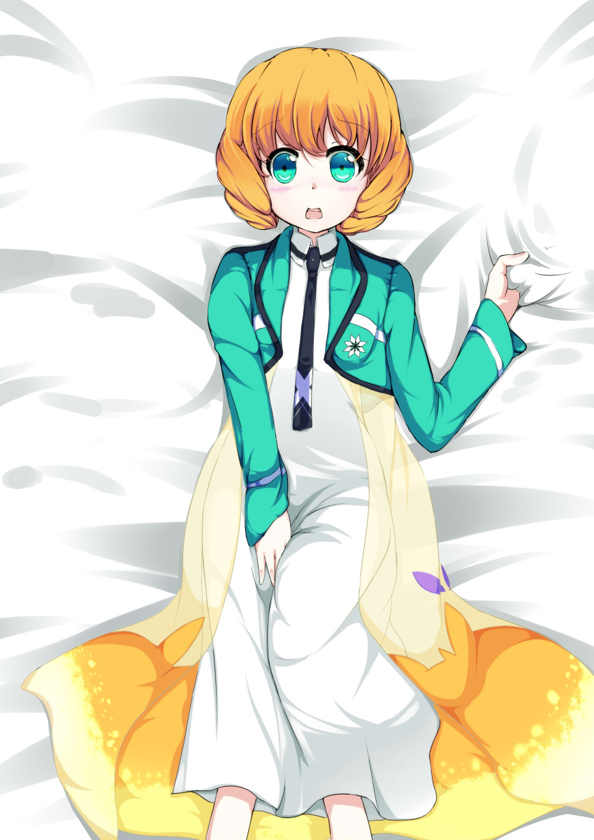 1girl, absurdres, aqua_eyes, bed_sheet, brown_hair, highres, kokutou_(mimikinngu), looking_at_viewer