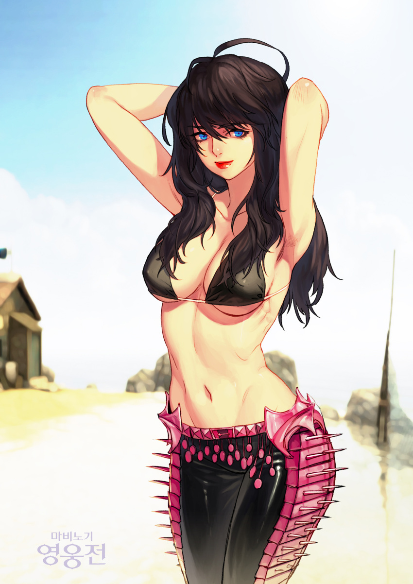1girl, arms_up, bikini, black_bikini, black_hair, blue_eyes, breasts, fiona_(mabinogi), highres, hips, korean, light_smile, lips, long_hair, looking_at_viewer, mabinogi, mabinogi_heroes, navel, solo, spikes, stomach, summer, swimsuit