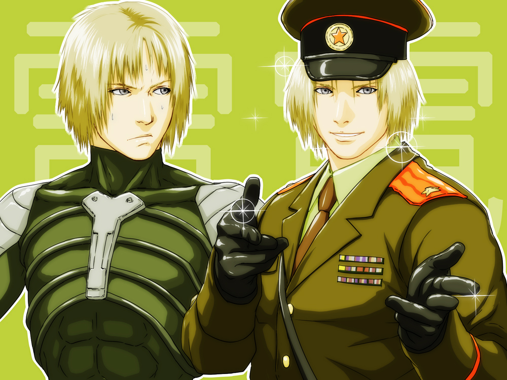 2boys, blonde_hair, bodysuit, gloves, grey_eyes, hat, metal_gear_(series), metal_gear_solid_2, metal_gear_solid_3, military, military_hat, military_uniform, multiple_boys, raiden, raikov, sjw_kazuya, sparkle, sweatdrop, uniform