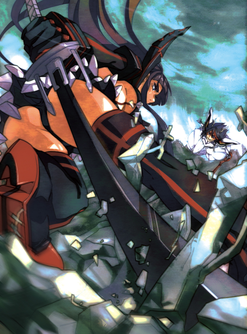 2girls, akakeru, ass, battle, black_hair, cosplay, costume_switch, crazy_eyes