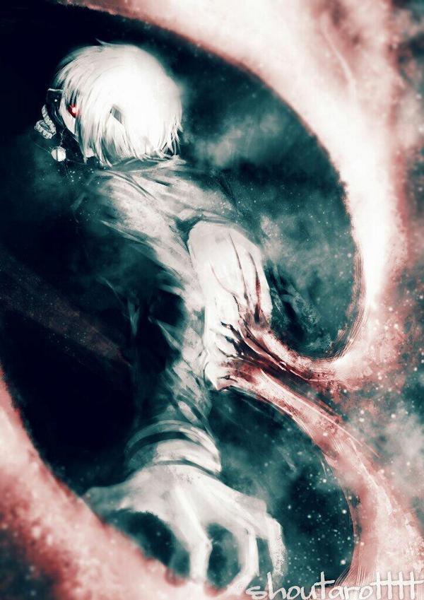 1boy, black_sclera, hair_over_one_eye, kaneki_ken, mask, outstretched_arm, red_eyes, short_hair, shoutarotttt, solo, tokyo_ghoul, white_hair