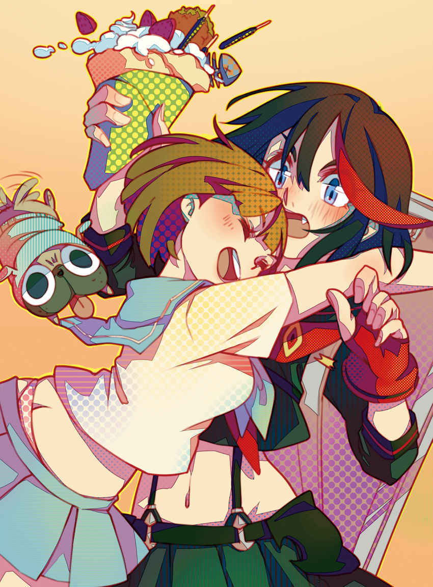 2girls, akakeru, black_hair, brown_hair, crepe, dog, fang, fingerless_gloves