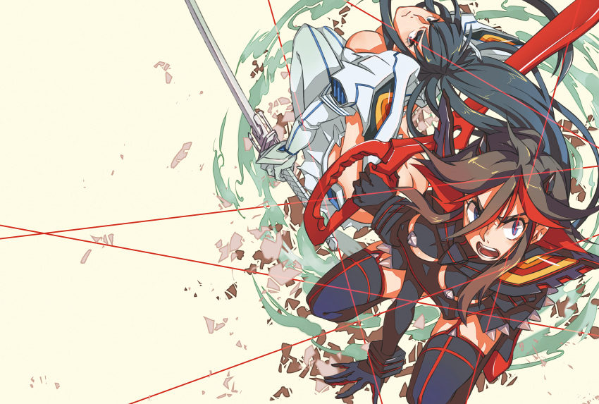 2girls, akakeru, black_hair, breasts, highres, junketsu, kill_la_kill, kiryuuin_satsuki, life_fiber, matoi_ryuuko, matoi_ryuuko_(senketsu_kamui), multicolored_hair, multiple_girls, redhead, scissor_blade, senketsu, sword, thigh-highs, two-tone_hair, under_boob, weapon