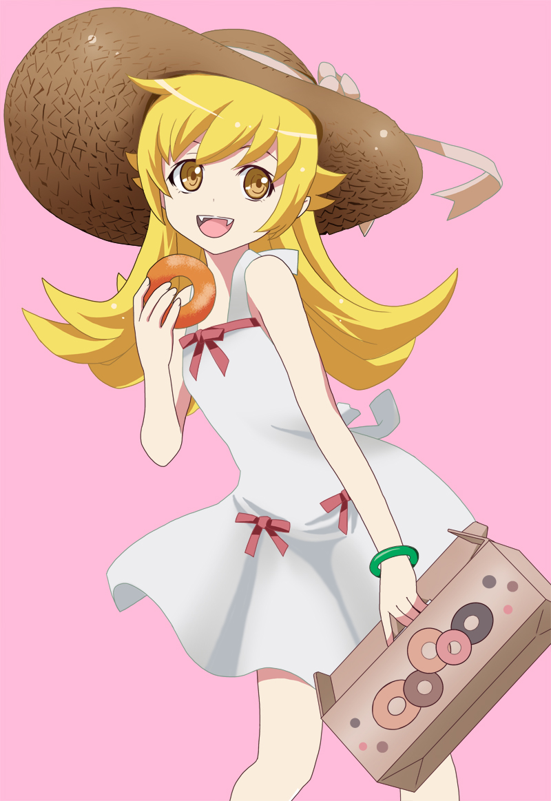 1girl, blonde_hair, doughnut, dress, fangs, hat, long_hair, masako_(sabotage-mode), monogatari_(series), oshino_shinobu, yellow_eyes