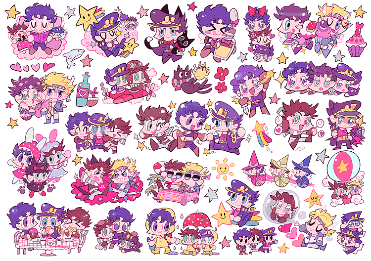 airplane, animalization, bird, bottle, bubble, caesar_anthonio_zeppeli, chibi, clouds, cupcake, dagger, dog, dolphin, family, jojo_no_kimyou_na_bouken, jonathan_joestar, joseph_joestar_(young), kuujou_joutarou, mikannu, raincoat, umbrella, weapon