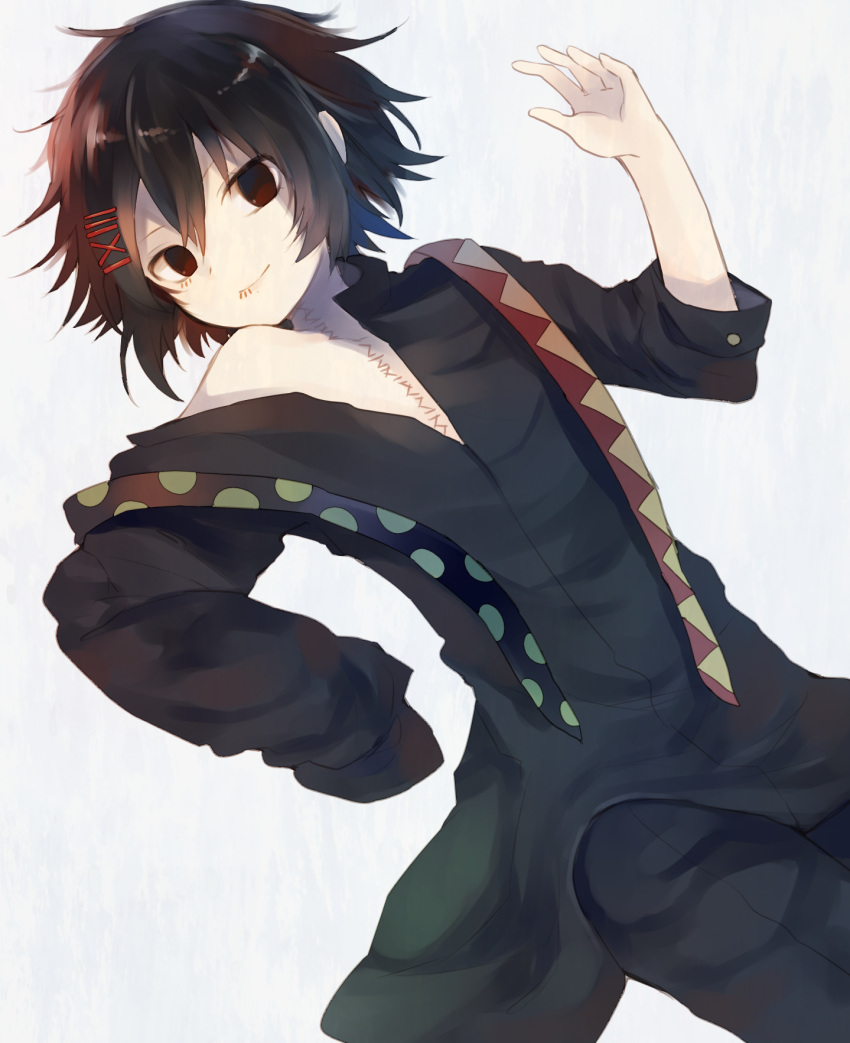 1boy, androgynous, black_hair, hair_ornament, hairclip, highres, kinakomotitaberu, loose_necktie, loose_shirt, lying, necktie, older, red_eyes, short_hair, smile, solo, stitches, suzuya_juzo, tokyo_ghoul