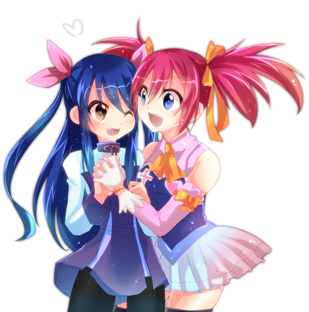 2girls, blue_eyes, blue_hair, blush, fairy_tail, fcs_(frip), hair_ribbon, heart, holding_hands, long_hair, multiple_girls, one_eye_closed, open_mouth, pantyhose, redhead, ribbon, sheria_blendy, simple_background, skirt, thigh-highs, wendy_marvell
