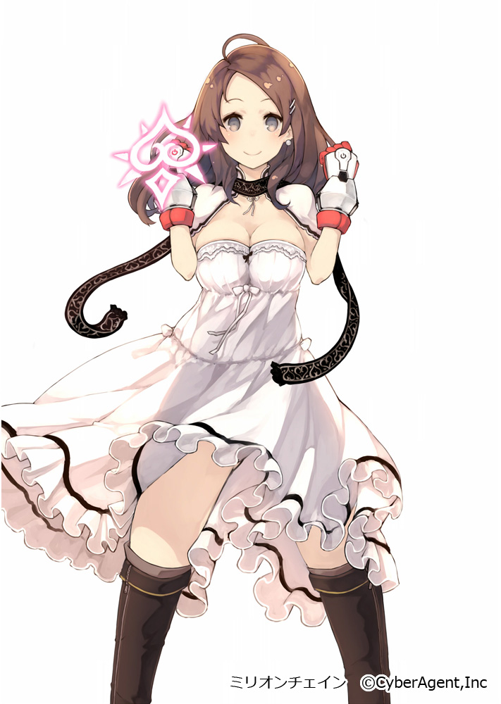 1girl, ahoge, black_legwear, breasts, brown_eyes, brown_hair, cowboy_shot, dress