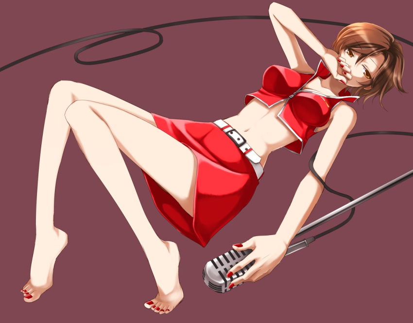 1girl, barefoot, brown_eyes, brown_hair, lying, meiko, microphone, microphone_stand