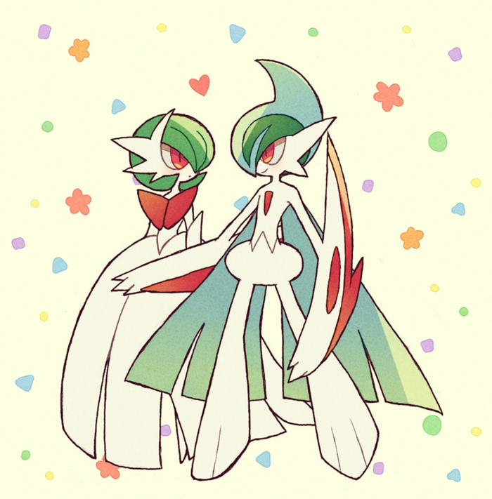 arm_blade, cape, dress, flower, gallade, gardevoir, heart, horns