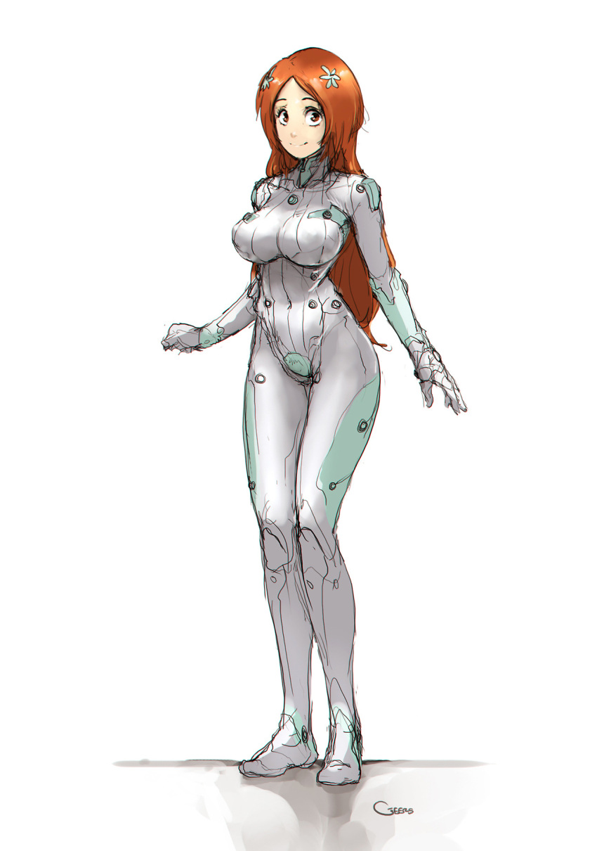 1girl, bangs, bleach, bodysuit, breasts, crossover, darren_geers, full_body