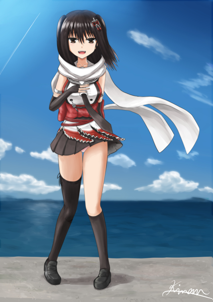1girl, :t, asymmetrical_legwear, bare_shoulders, black_eyes, black_gloves, black_hair, clouds