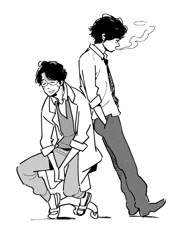 2boys, aldnoah.zero, dress_shirt, facial_hair, full_body, glasses, greyscale, hands_in_pockets