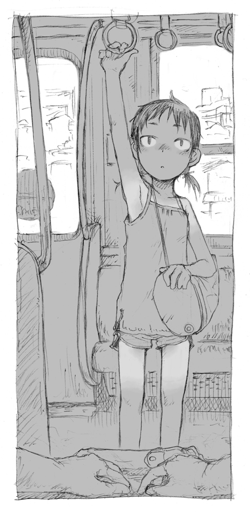 akita_morgue, bag, commentary, duffel_bag, hands, kikai_(akita_morgue), monochrome, original