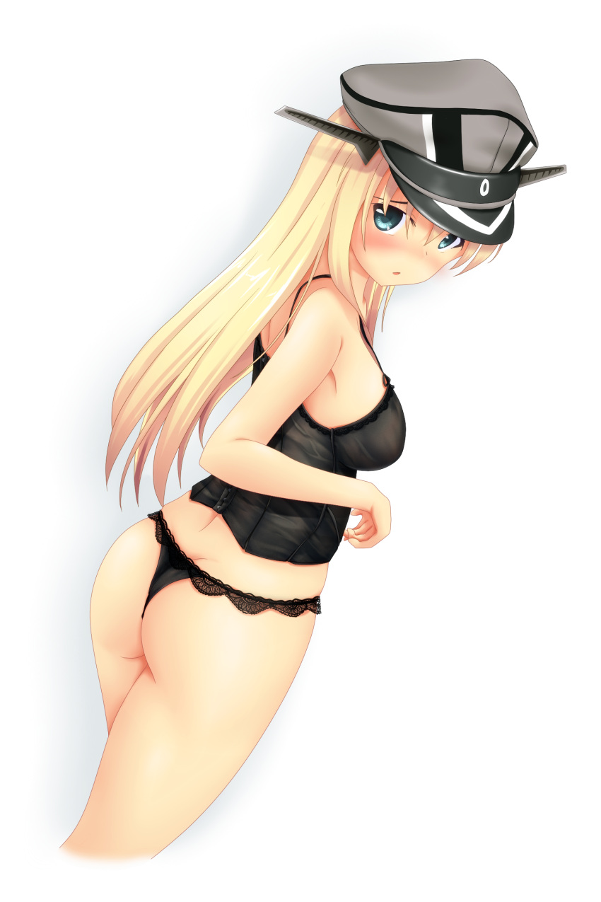 1girl, absurdres, alternate_costume, ass, babydoll, bismarck_(kantai_collection), black_panties, blonde_hair