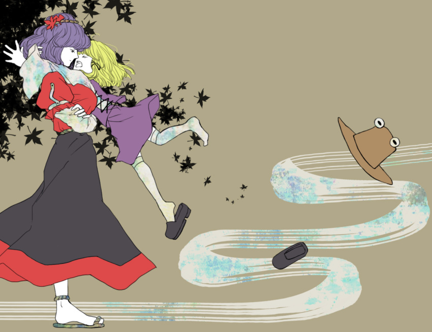2girls, anklet, blonde_hair, breasts, closed_eyes, crossed_arms, dress, glomp