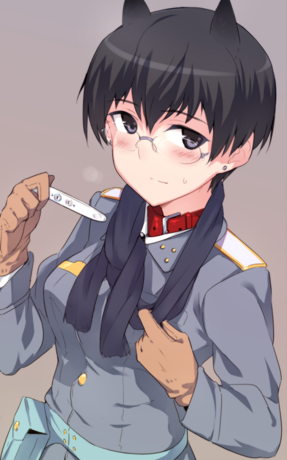1girl, black_eyes, black_hair, collar, eini_a_lukkanen, em, glasses, gloves
