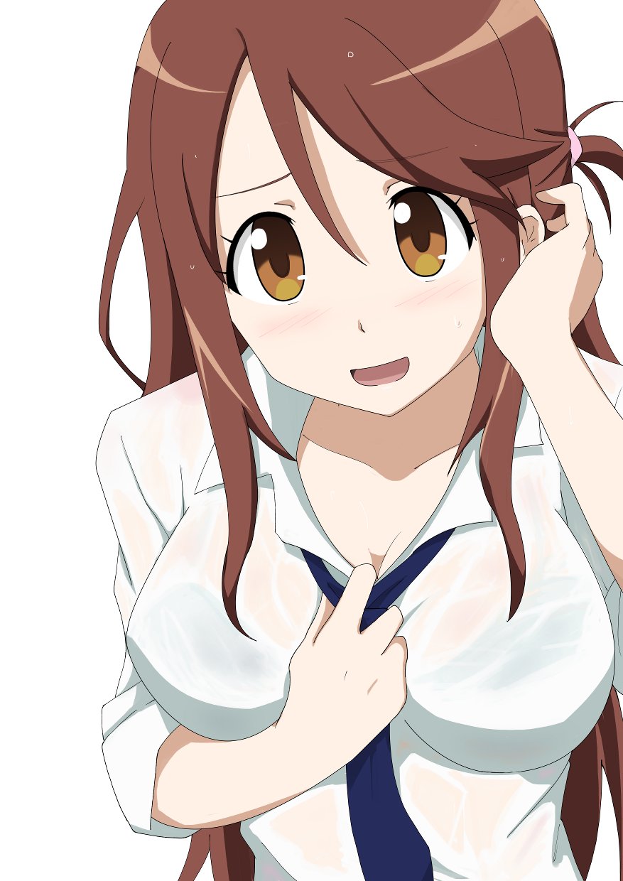 1girl, between_breasts, breasts, brown_eyes, brown_hair, hand_between_breasts, highres, iida_nana