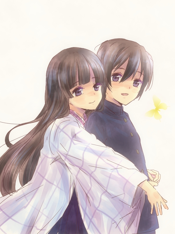 1boy, 1girl, alternate_eye_color, brother_and_sister, brown_hair, gakuran, gosick, harugamitsu, hime_cut, hug, hug_from_behind, japanese_clothes, kimono, kujou_kazuya, kujou_ruri_(gosick), long_hair, school_uniform, short_hair, siblings, smile, violet_eyes, white_background, wide_sleeves, yukata